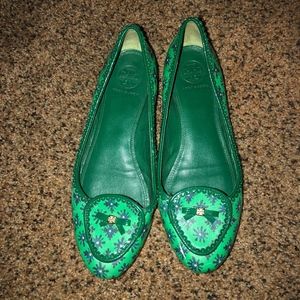 Tory Burch decorative green floral ballet flats